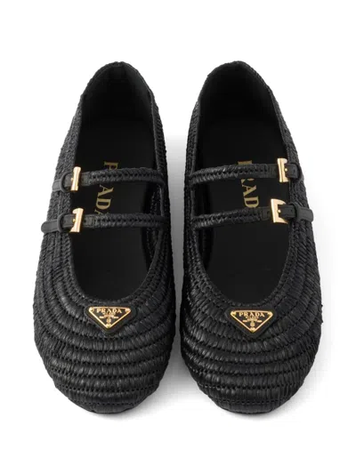 Prada Woven Flat Shoes With Adjustable Gold-tone Straps In Black