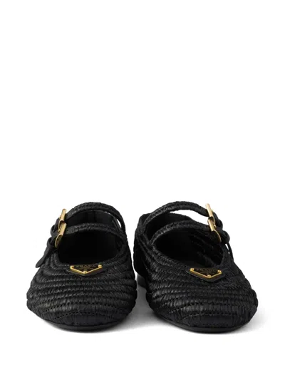 Prada Woven Flat Shoes With Adjustable Gold-tone Straps In Black