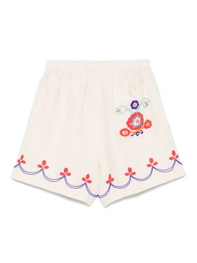 Bode Garden Party Straight-leg Bead-embellished Linen Shorts In Ecru Multi