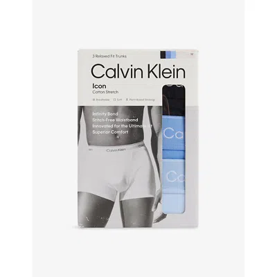 Calvin Klein Mens Blk Glacr Blu Bll Dtm Wb Icon Pack-of-three Relaxed-fit Stretch-cotton Trunks In Blk Glacr Blu Bll Dtm Wb