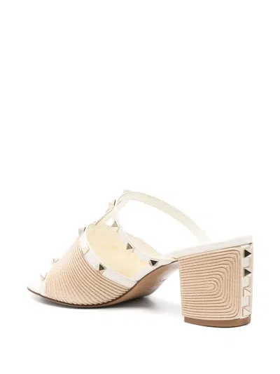 Valentino Rockstud Raffia Block-heel Slide Sandals In Nude