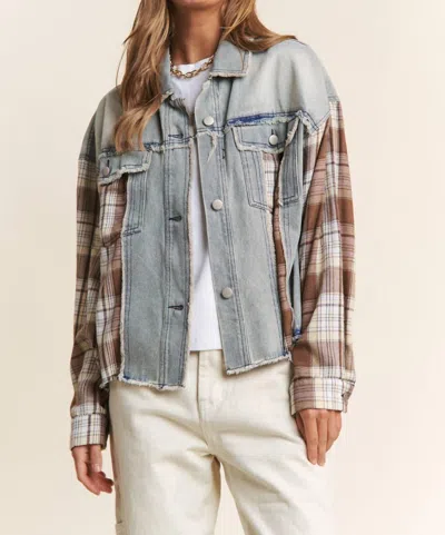 J.nna Color Block Plaid And Denim Jacket In Brown Plaid Denim In Multi