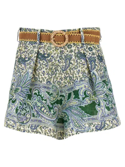 Zimmermann Ottie Belted Pleated Printed Linen Shorts In Green