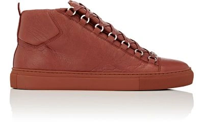 Balenciaga Men's Arena Leather Sneakers In Brick Red