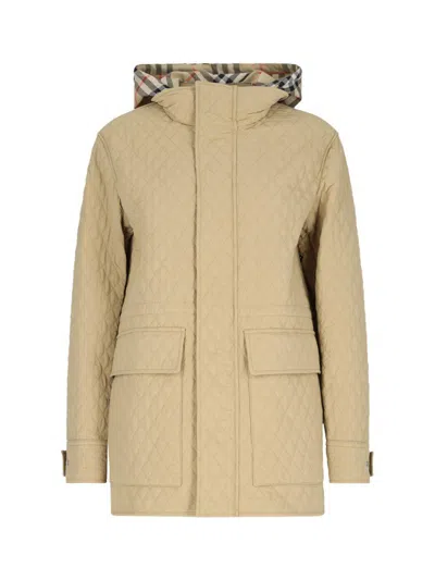Burberry Quilted Nylon Jacket With Check Hood In Beige