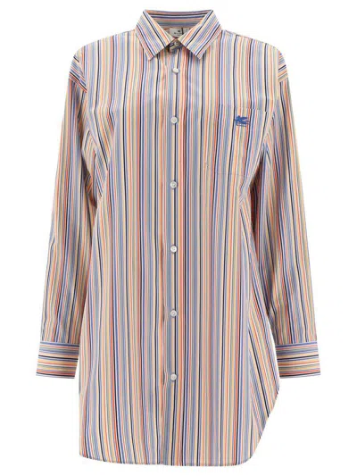 Etro Oversized Multicolor Shirt With Stripe Motif And Pegasus Embroidery In Cotton Woman In Multicolor