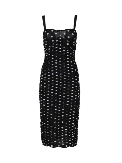 Dolce & Gabbana Polka Dot Print Draped Tulle Midi Dress In Multicolor