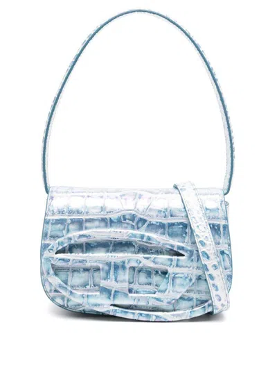 Diesel Croco-embossed Leather 1dr Shoulder Bag In Clear Blue