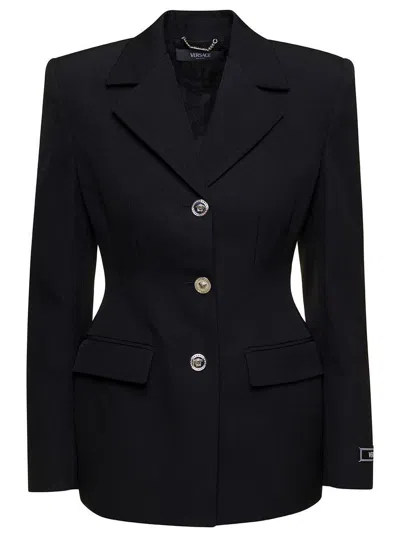 Versace Tailored Blazer With Notched Lapels And Structured Shoulders In Black
