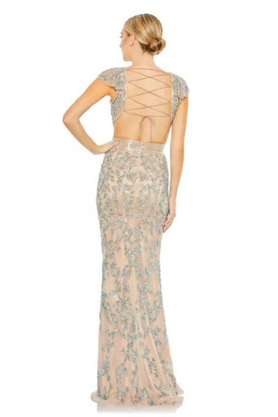 Mac Duggal 5689 Long Cap Sleeve Formal Evening Gown In Beige Multi