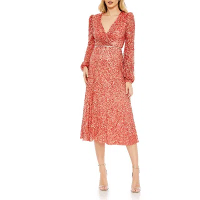 Mac Duggal Sequin Elegance A-line Wrap Dress With Dramatic Puff Sleeves In Coral