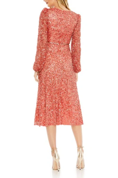 Mac Duggal Sequin Elegance A-line Wrap Dress With Dramatic Puff Sleeves In Coral