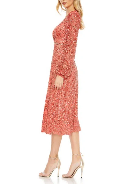 Mac Duggal Sequin Elegance A-line Wrap Dress With Dramatic Puff Sleeves In Coral