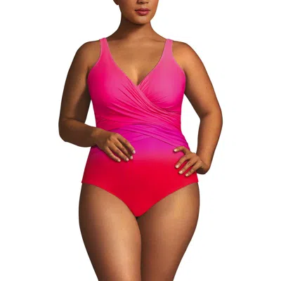 Lands' End Plus Size Dd-cup Slender Tummy Control Chlorine Resistant Wrap One Piece Swimsuit In Pink Multi Ombre