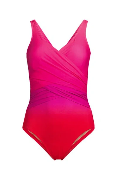 Lands' End Plus Size Dd-cup Slender Tummy Control Chlorine Resistant Wrap One Piece Swimsuit In Pink Multi Ombre
