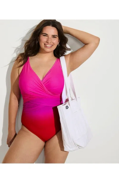 Lands' End Plus Size Dd-cup Slender Tummy Control Chlorine Resistant Wrap One Piece Swimsuit In Pink Multi Ombre