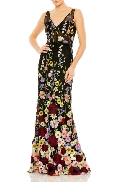 Mac Duggal Embroidered Tulle Sleeveless V Neck A Line Gown In Black Multi