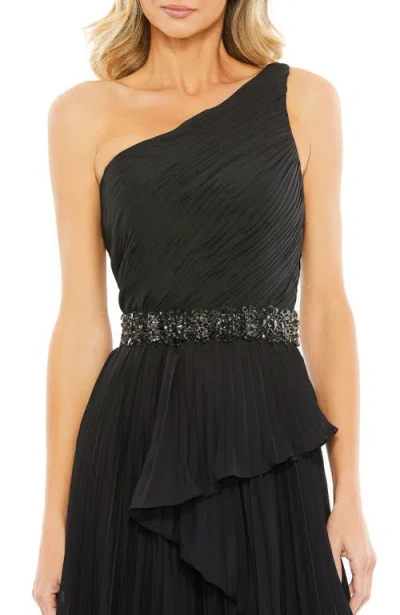Mac Duggal Embellished Gown With Strappy Open Back & Asymmetrical Ruffle Hem In Black