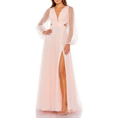 Mac Duggal Tulle Sheer Long Sleeve Cut Out Lace Up A Line Gown In Blush