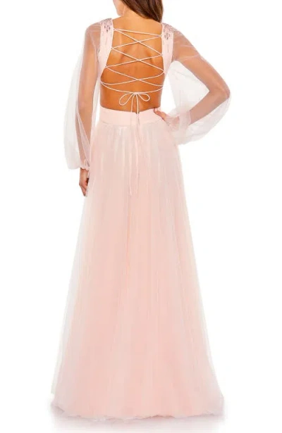 Mac Duggal Tulle Sheer Long Sleeve Cut Out Lace Up A Line Gown In Blush