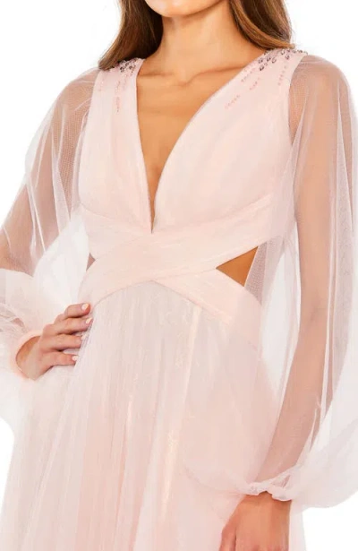Mac Duggal Tulle Sheer Long Sleeve Cut Out Lace Up A Line Gown In Blush