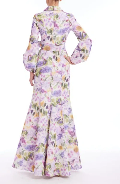 Badgley Mischka Collection Abstract Floral Long Sleeve Taffeta Mermaid Gown In Lilac Multi