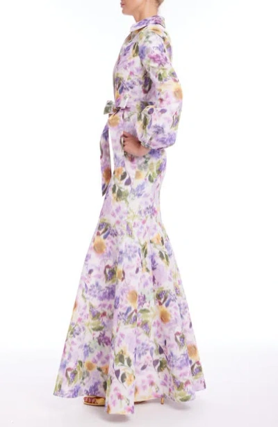 Badgley Mischka Collection Abstract Floral Long Sleeve Taffeta Mermaid Gown In Lilac Multi
