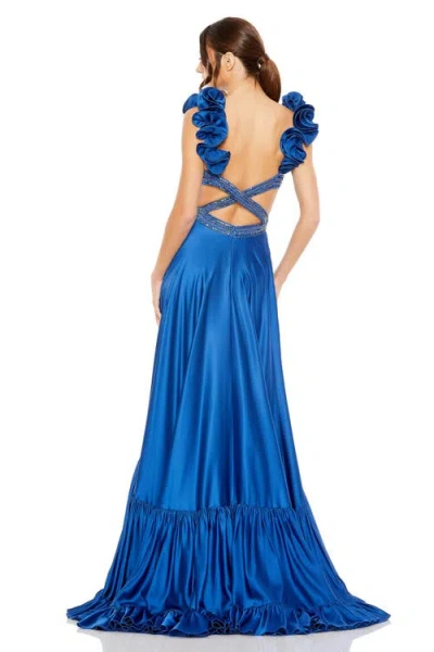 Mac Duggal Sequined Mesh Overlay Satin Dress With Ruffled Cap Sleeves And Beaded Bodice In Royal
