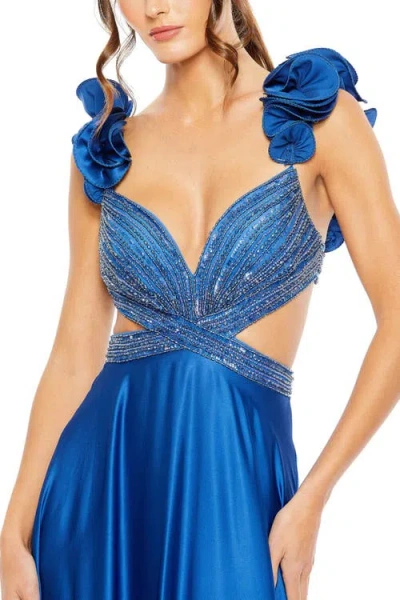 Mac Duggal Sequined Mesh Overlay Satin Dress With Ruffled Cap Sleeves And Beaded Bodice In Royal