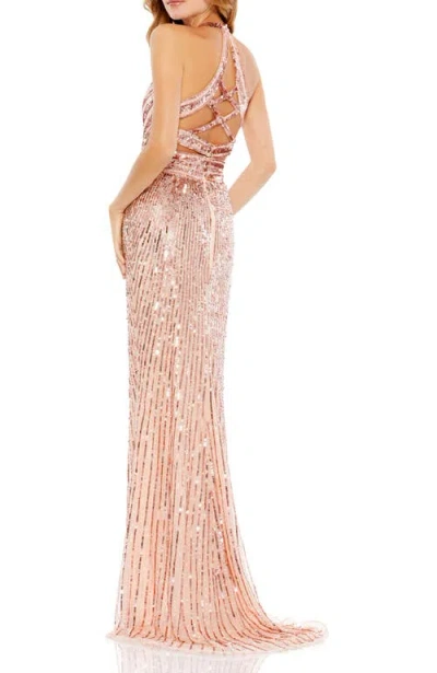 Mac Duggal Hand-embellished Sequin Gown With Cutouts And Crisscross Back In Pink