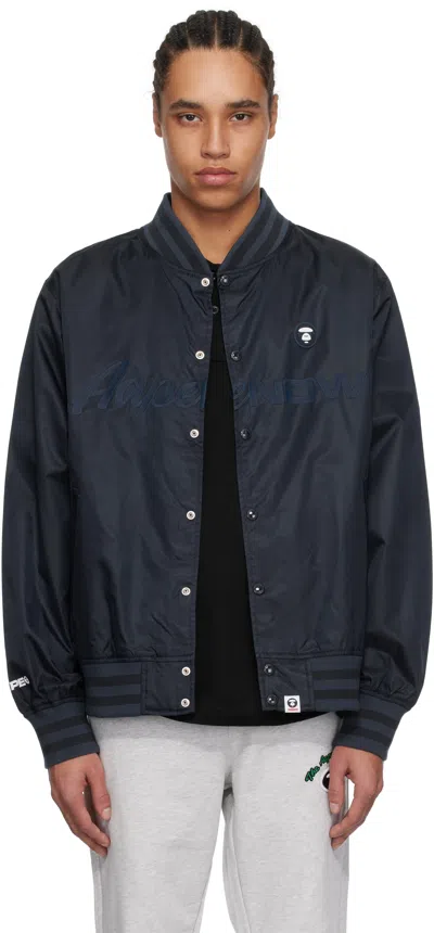 Aape By A Bathing Ape Navy 'aape Now' Light Weight Varsity Bomber Jacket In Nyd Dark Navy