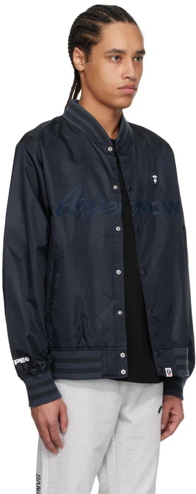 Aape By A Bathing Ape Navy 'aape Now' Light Weight Varsity Bomber Jacket In Nyd Dark Navy