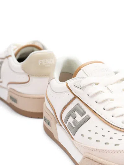 Fendi Leather Sneakers With Panelled Design And Contrast Sole In Beige