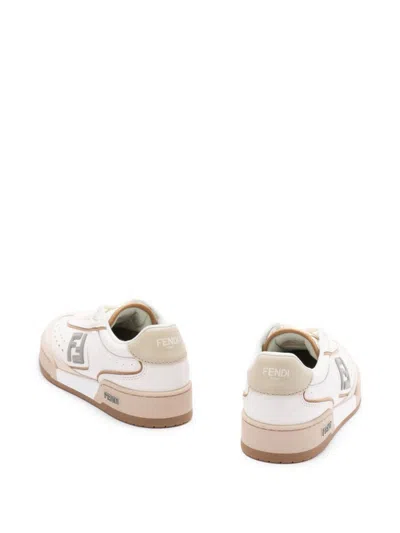 Fendi Leather Sneakers With Panelled Design And Contrast Sole In Beige