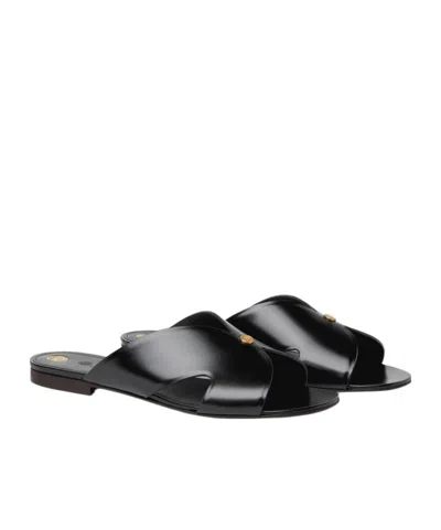 Loro Piana Vera Leather Flat Slide Sandals In Black