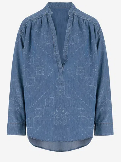Pinko Blue Bandana-print Denim Blouse In Denim