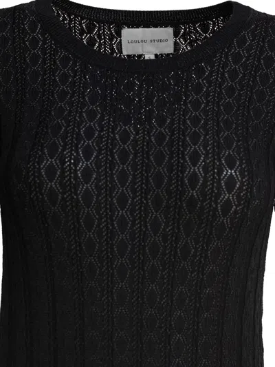 Loulou Studio Knit Texture Midi Length Short Sleeves Dress In Black