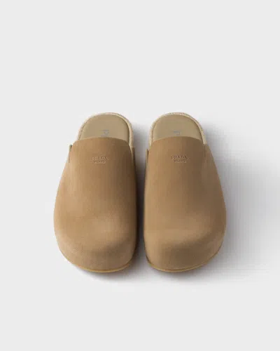 Prada Men Suede Leather Sabots In Brown