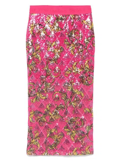 Versace Jeans Couture Fitted Floral Pattern Skirt With Sequined Detailing In Pink