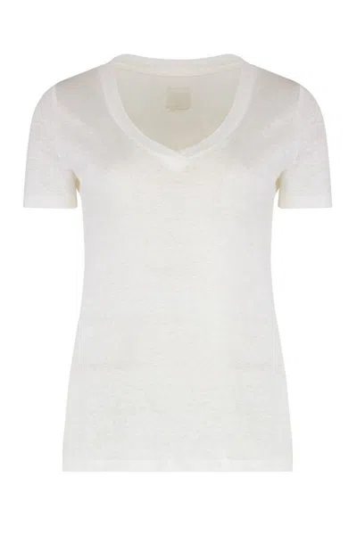 120% Lino Relaxed White Linen T-shirt With Scoop Neckline In White