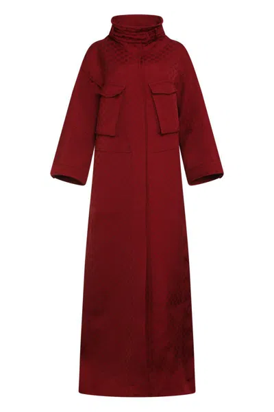 Gucci Bordeaux Coat With Adjustable Stand-up Collar And Drawstring Waist In Gg Canvas Woman In Red