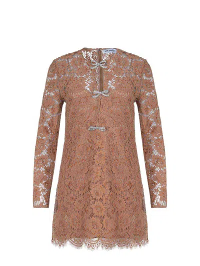 Self-portrait Womens Tan Lace Bow-embellished Woven Mini Dress In White