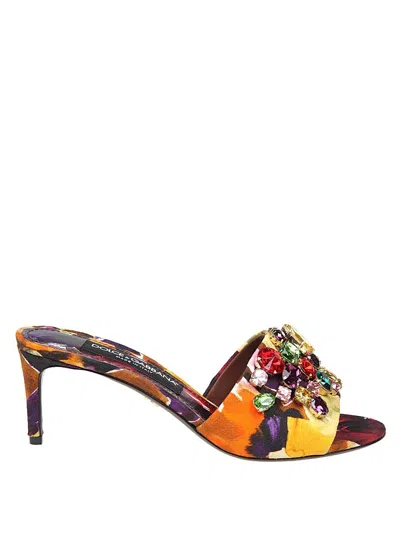 Dolce & Gabbana Floral Embellished Heeled Mules In Yellow