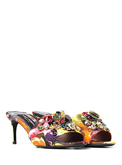 Dolce & Gabbana Floral Embellished Heeled Mules In Yellow