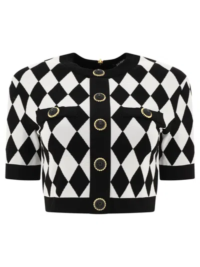 Balmain Cropped Button-embellished Jacquard-knit Top In Noir/blanc
