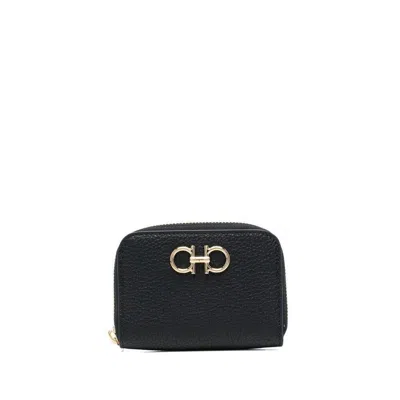 Ferragamo Gancini Zip Cardholder In Calf Leather In Black
