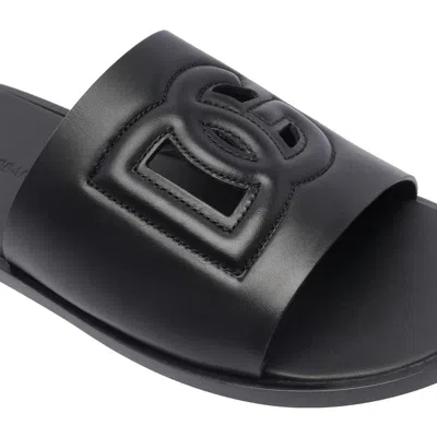 Dolce & Gabbana Black Sandals With Dg Logo Cut-out In Leather Man In Black