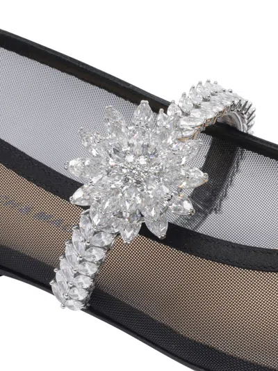 Mach&mach Crystal Flower Embellished Mesh Ballet Flats In Black