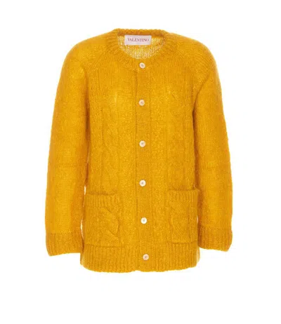Valentino Mens Patch-pocket Mohair-blend Cable Knit Cardigan Ocra In Yellow