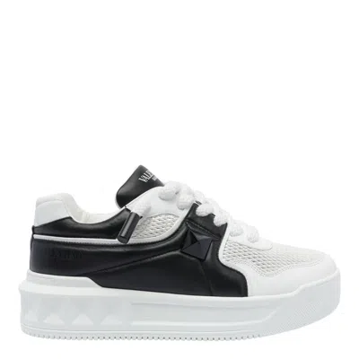 Valentino One Stud Xl Low-top Sneaker In Nappa Leather And Jacquard Toile Iconographe Technical Fabric In White